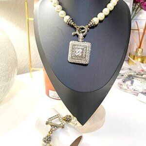 Petite Flourish Simulated Pearl Beaded Square Drop Necklace Set